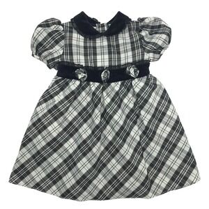 Vintage Little Bitty Girls Plaid Velvet Trim Dress Vintage Black White 18M